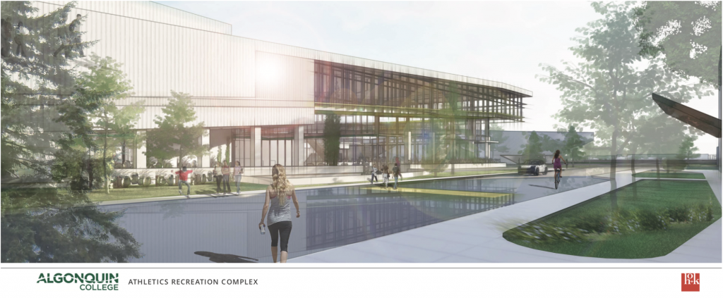 Rendering of the new 100,000 square foot Athletics Recreation Complex (ARC) which is to be constructed opposite the front of residence and just east of the Student Commons.