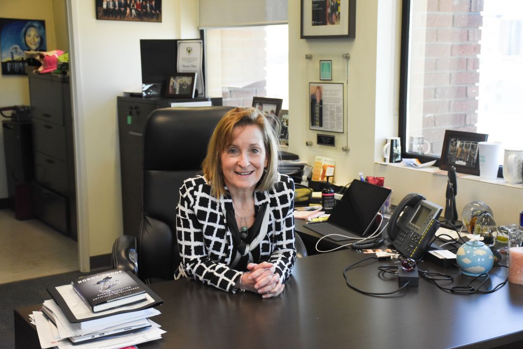 Cheryl Jensen at her desk in C-building. The first women president of Algonquin college announced her retirement at the end of her five year contract.