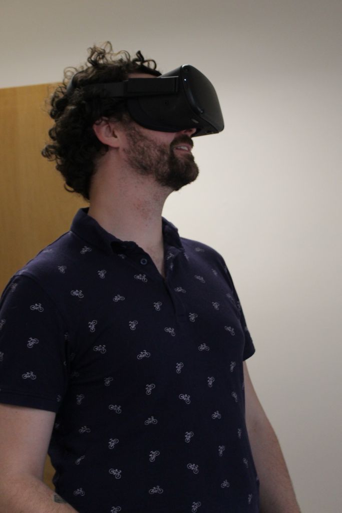Professor Anthony Scavarelli demonstrating the VR Oculus headset.