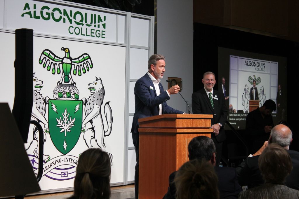 The Alumnus of the Year, Ricardo Larrivée, gives his speech on how proud he is to be a alumni of Algonquin College.