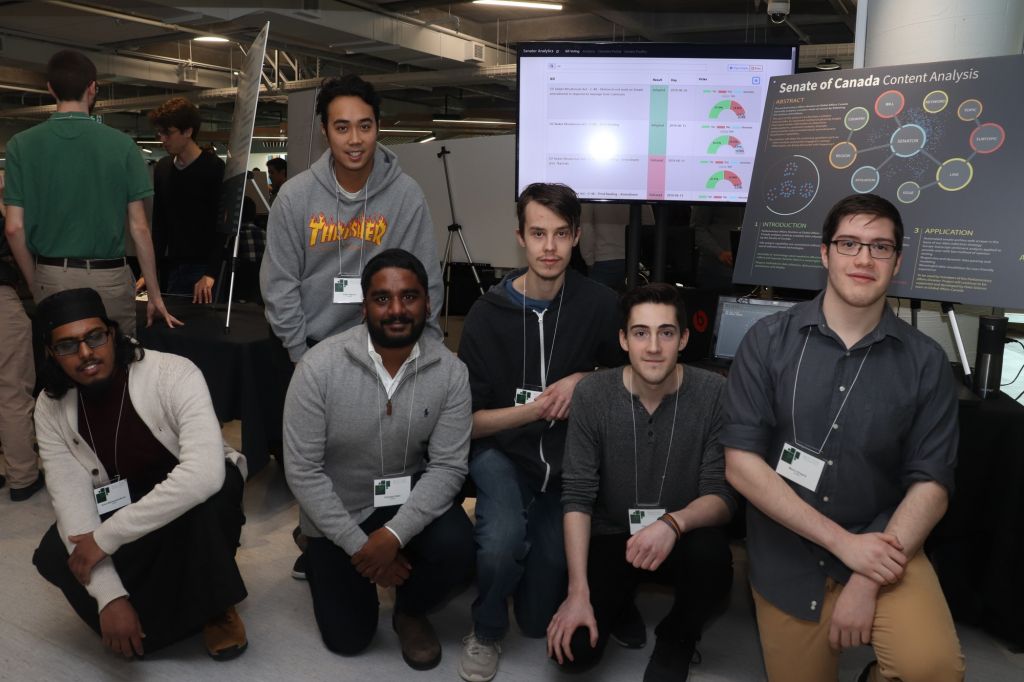 A team of computer science students built a program to analyze voting habits of Senators for Algonquin's Re/Action showcase. Ikram Mohammed-Navaz, Adam Nguyen, Vicknesh Babu, Corey Chenier, Chris Beck and Marco Gregory won an award for their project.