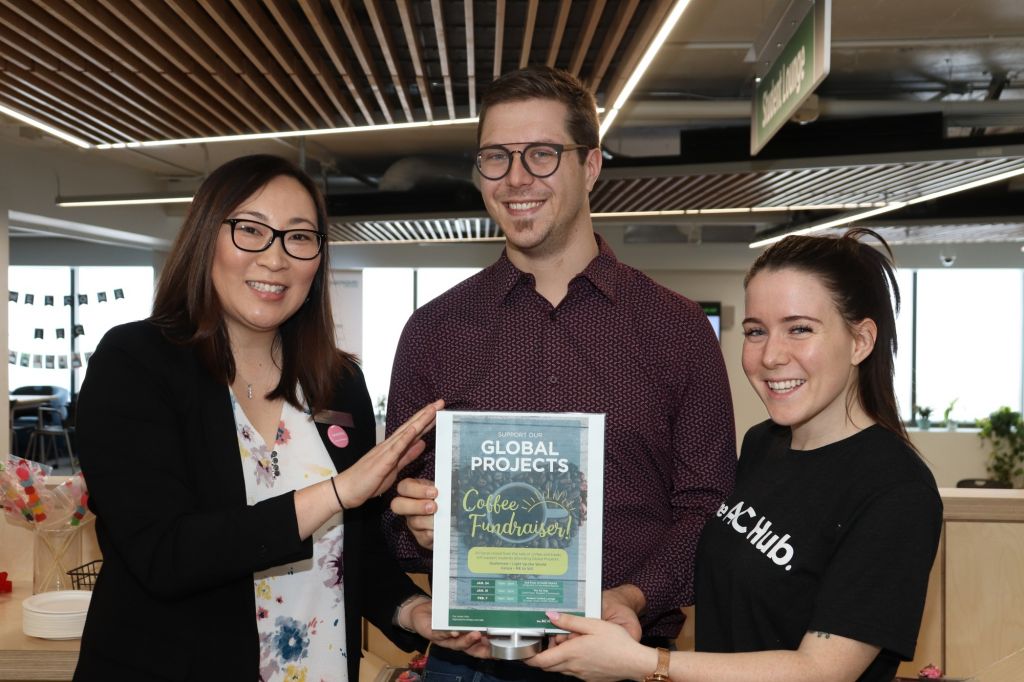 Rebecca Sun, David Solomon and Kortney Force are members involved with Algonquin College's Global Projects at the third coffee fundraiser Feb. 7.