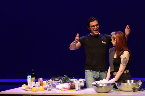 Porowski keeps a cooking demo light hearted with student guest Midg McKee.