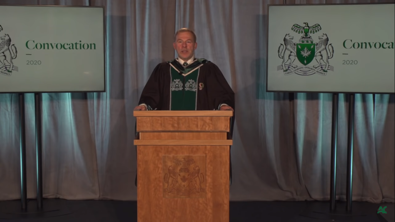 In light of restrictions put in place due to the pandemic, President Claude Brulé delivered his speech to graduates remotely this year.