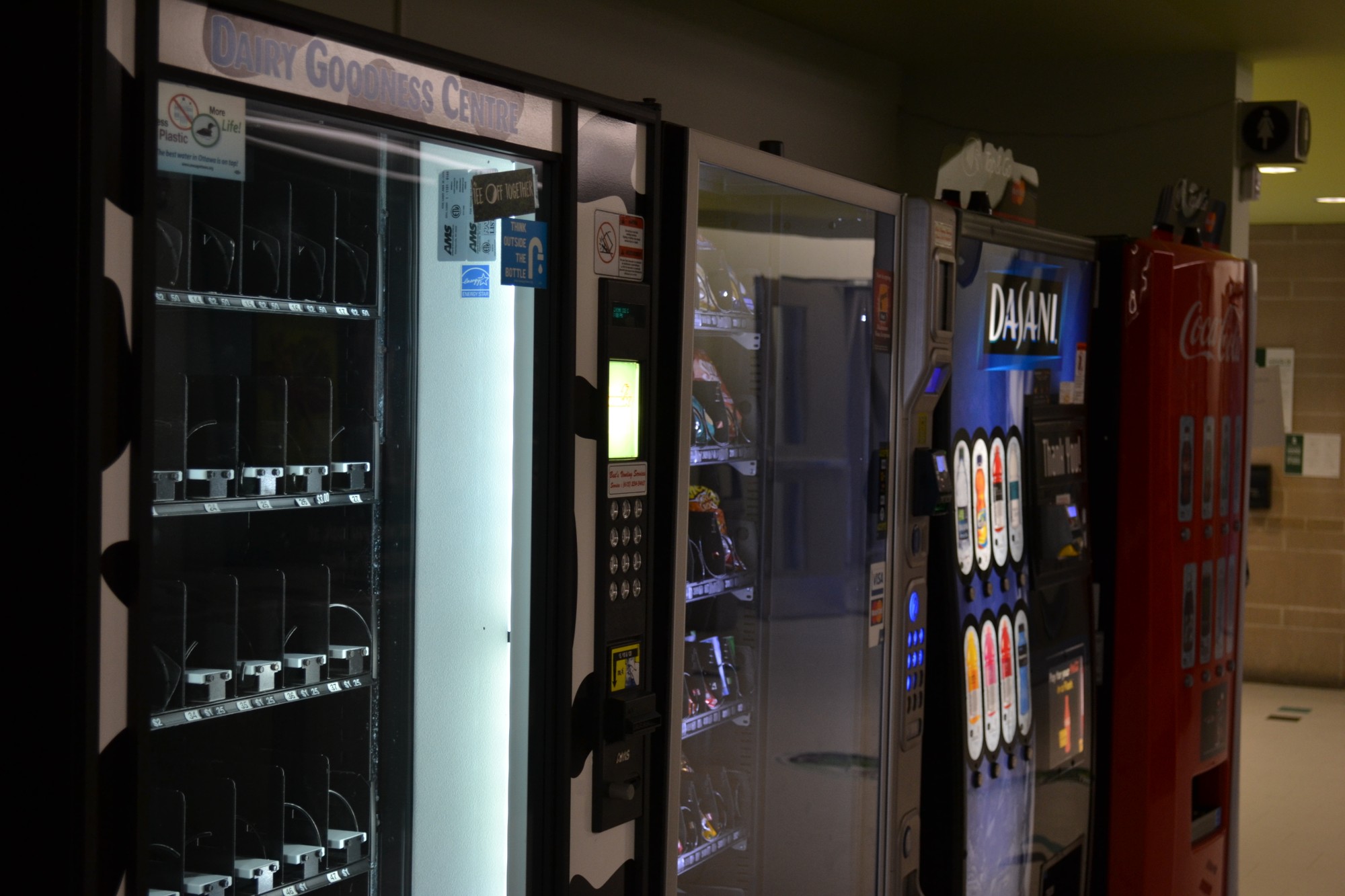 These are some of the vending machines located in the Robert C. Gillett Student Commons building on campus. Four of many spread within campus buildings.