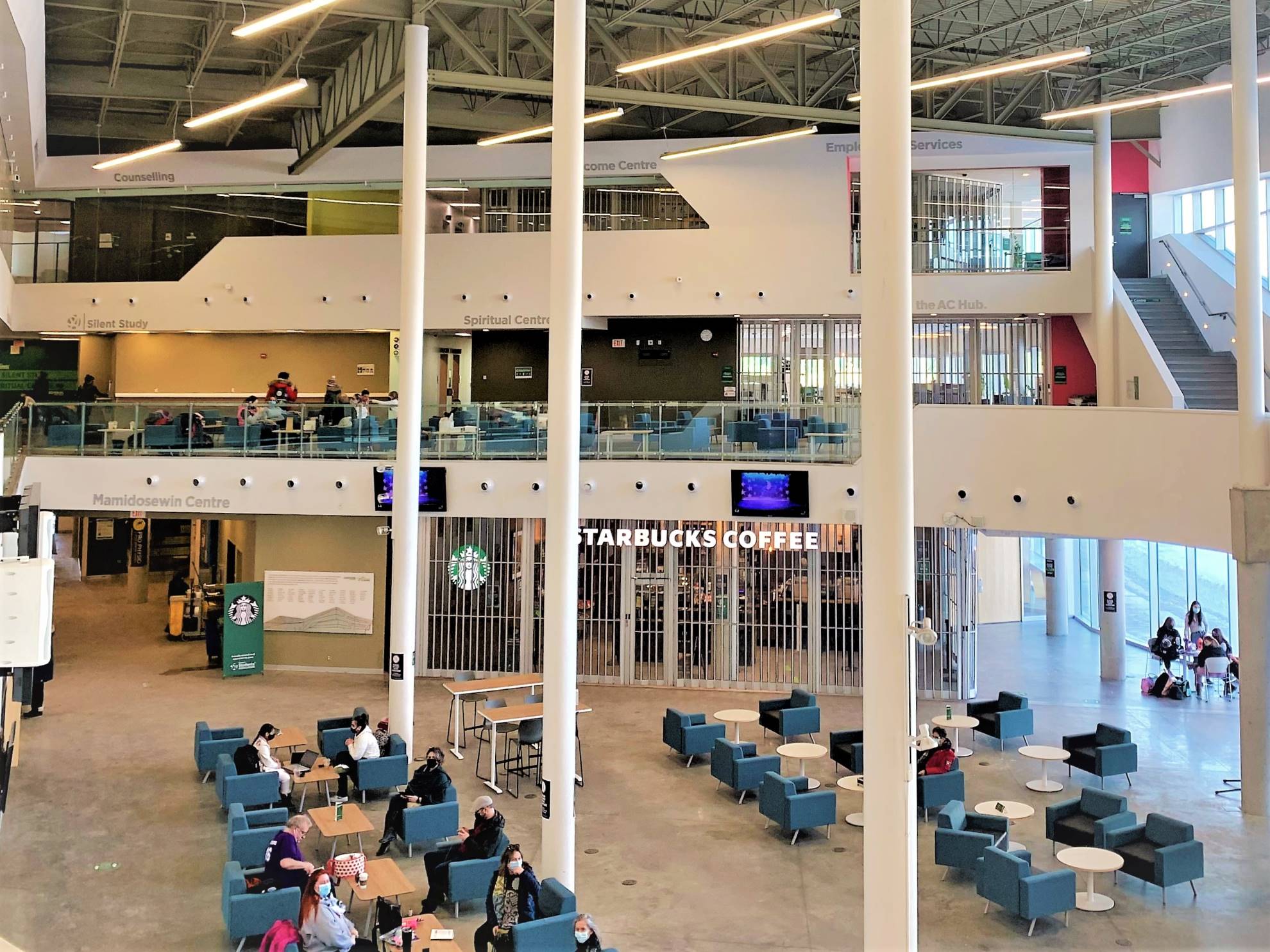 An overhead view of the Algonquin student commons, where students can study or talk to unwind from classes.