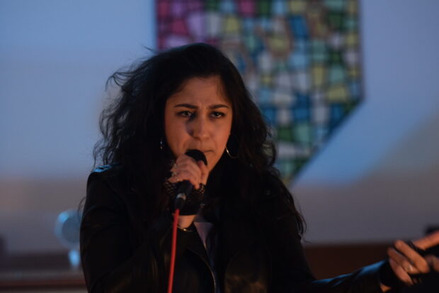 Artist, Sky Luna performs song 'PICTURE PERFECT' with LPI and IMK MITCHY for the Saturday Service event at Rothwell United Church.