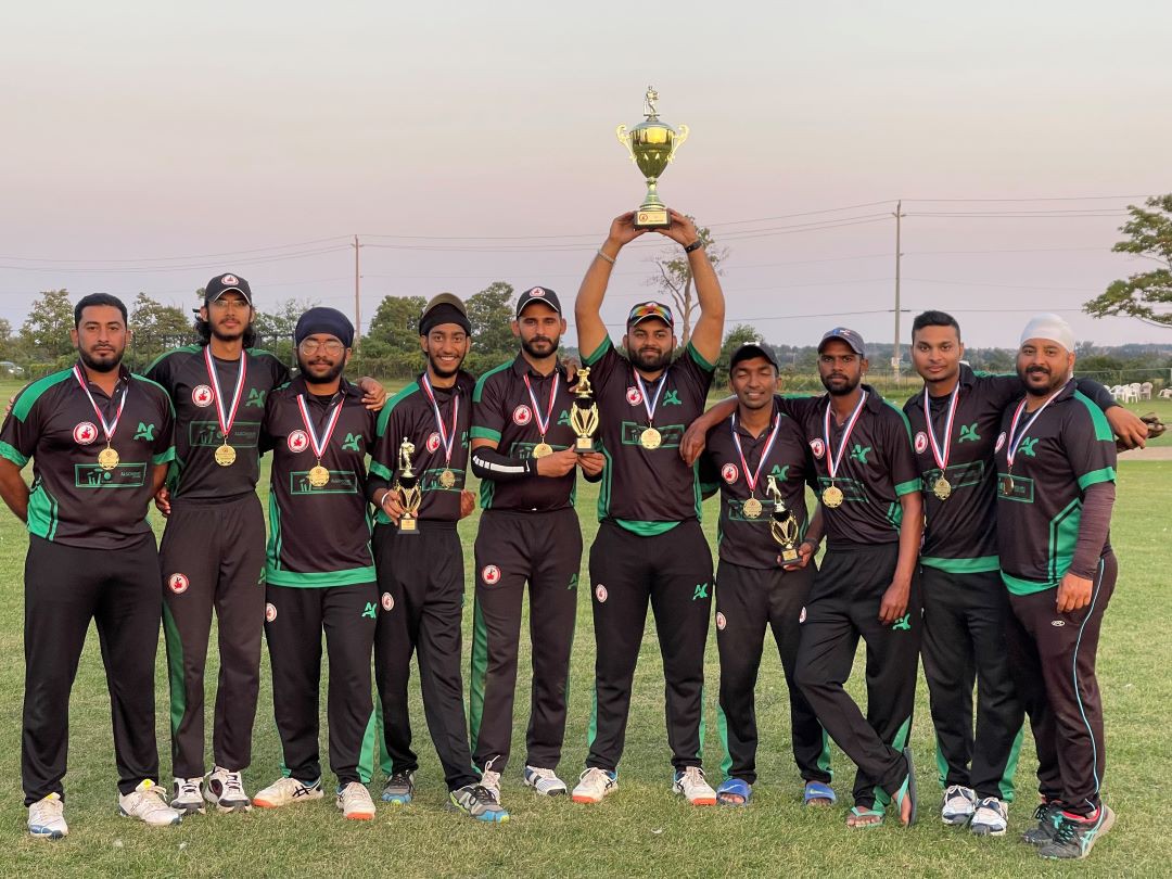 The Algonquin College Cricket Club celebrates its victory in the men's nationals