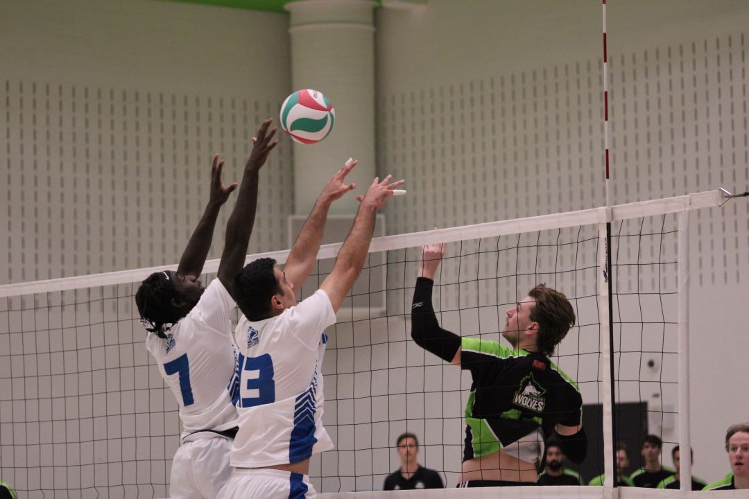 Jeff Commerford pushes the ball over the Huskies blockers in the tight third set.