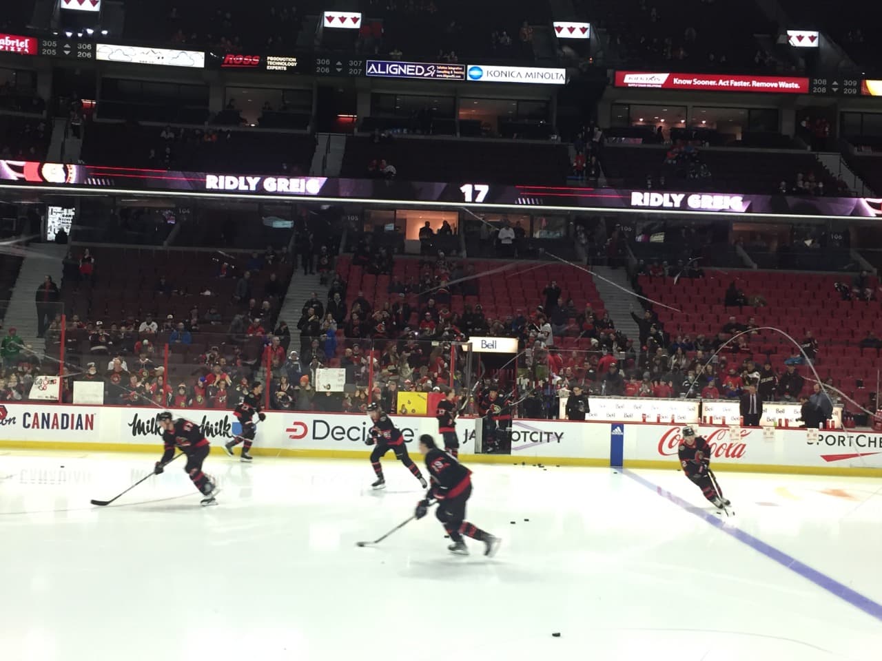 Sens players taking part in warmups before the game.