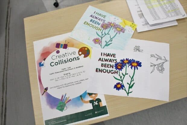 Completed colouring sheets and Creative Collisions Information.