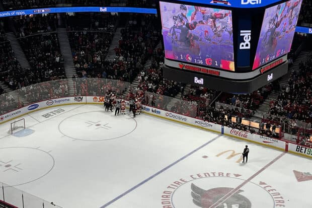 Players brawling due to a Flames player sending the puck into the net after the whistle at the Sens vs Flames game on Monday.
