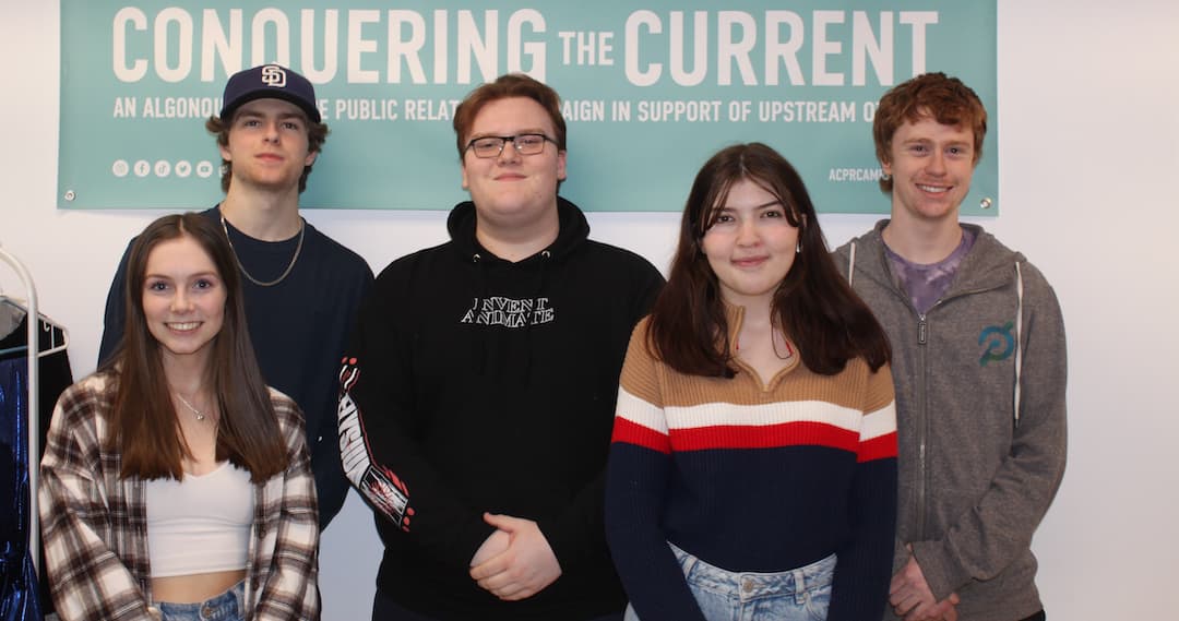 In order to raise money for Upstream Ottawa, public relations students sold repurposed clothing in a temporary thrift store. (Pictured left to right) Emily Grinnell, Erik WIlson, Jack Beeston, Holly Szabo and James Schleihauf