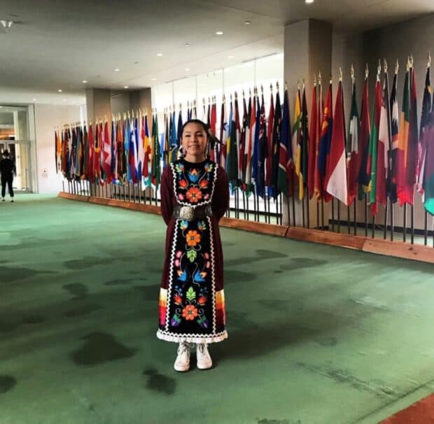 United Nations Headquarters, New York City, U.S.A. 
Autumn Peltier, 13 years old, is wearing the dress, which resides at the Canadian Museum of History.