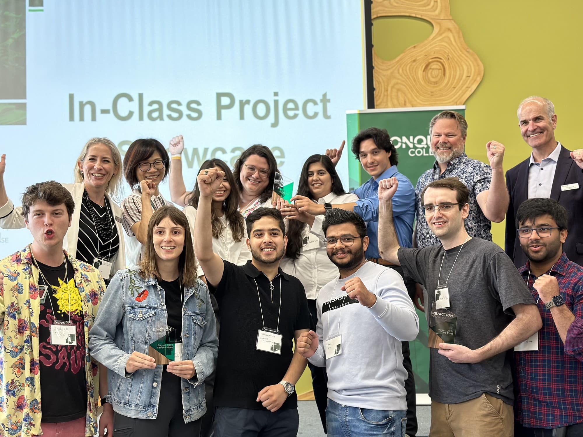 Winners of the In-Class Project Showcase event alongside Kristine Dawson (Associate Vice-President) and Philip Dawe (Director of Applied Research)