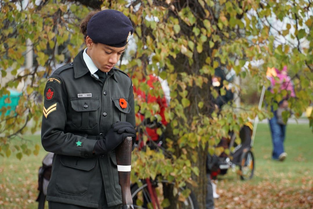 At the Nepean Remembrance Day ceremony, the anthem was followed by a moment of silence at 11 a.m., marking the anniversary of the signature of the armistice in 1918 and the end of the First World War. An army cadet stands guard at the cenotaph.