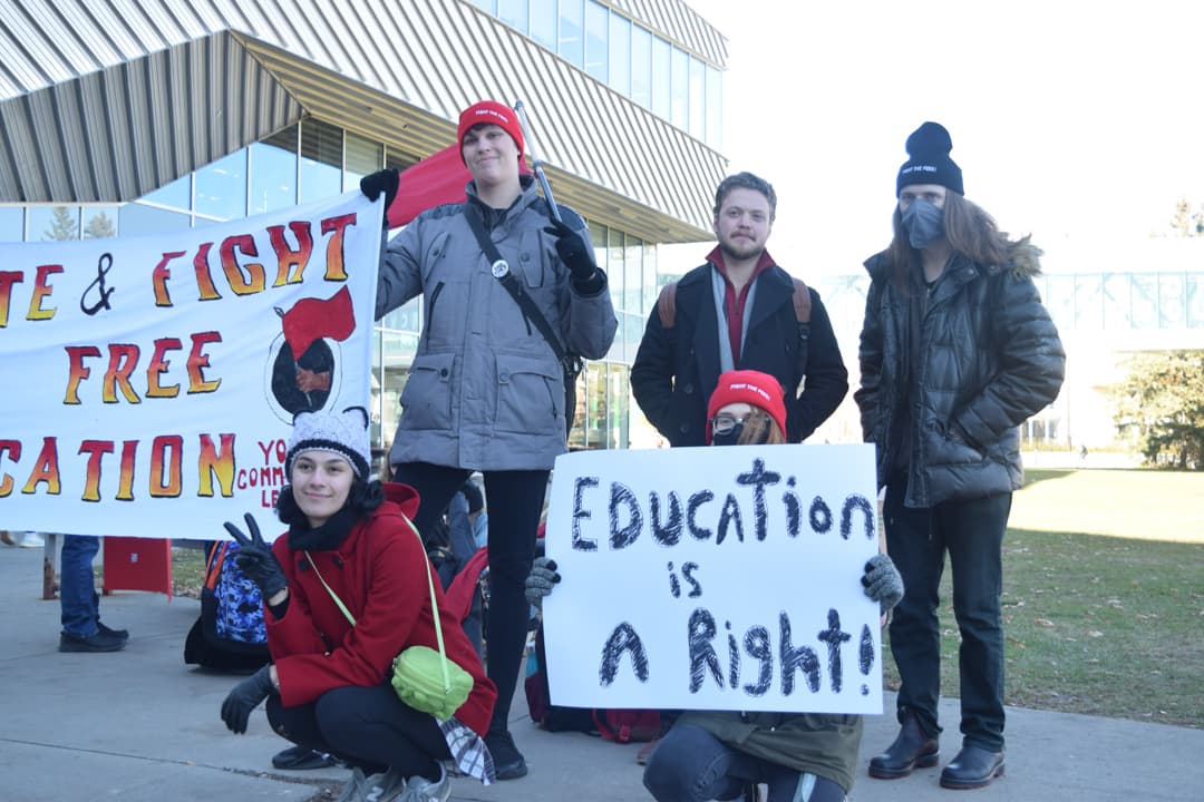 The Youth Communist League/Ligue de la Jeunesse communiste protested on Nov. 8 against the high tuition costs. The group believes that free education is a human right.