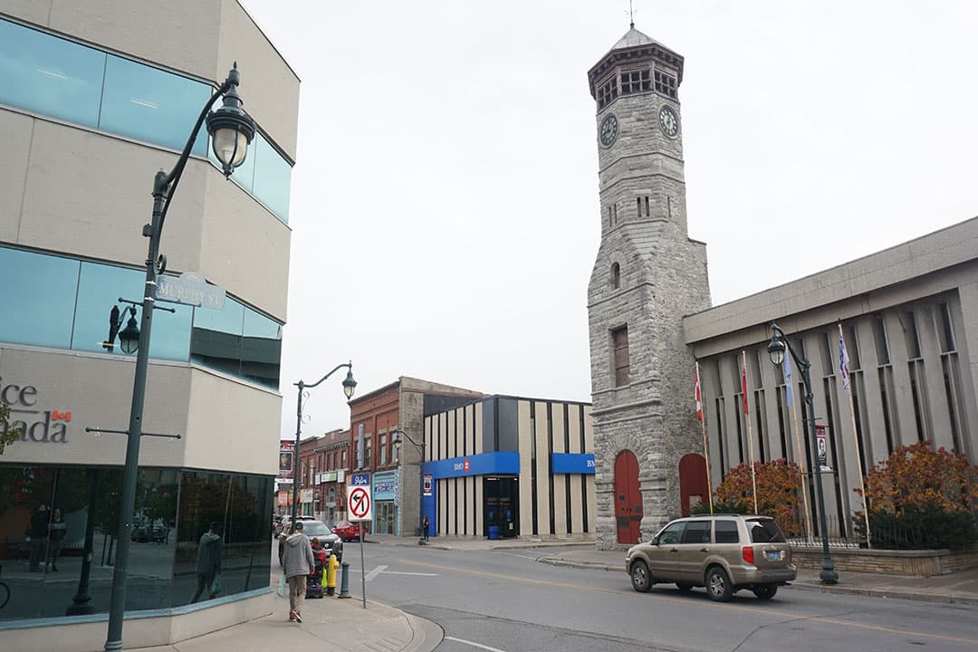 Downtown Trenton, Ont. is pictured with the old post office clock tower (centre-right) on Oct. 25, 2023. The clock tower was constructed in 1888.