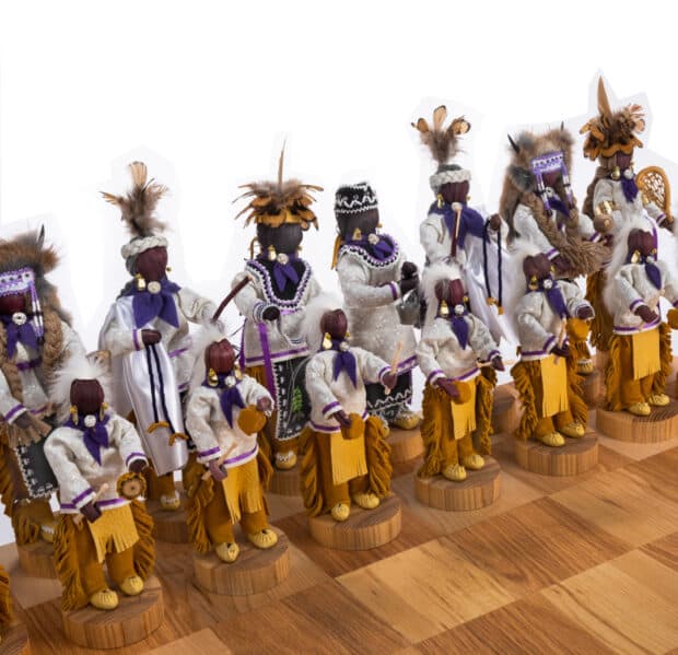 The Elder Brothers, a chess set made by Kanien’kehá:ka (Mohawk) artist Angel Doxtater, uses traditional corn husk dolls to represent Hodinohso:ni history and culture.