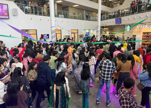 Algonquin College students dancing to celebrate Diwali in E-Building