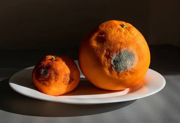 Two tangerines rotting on a plate.