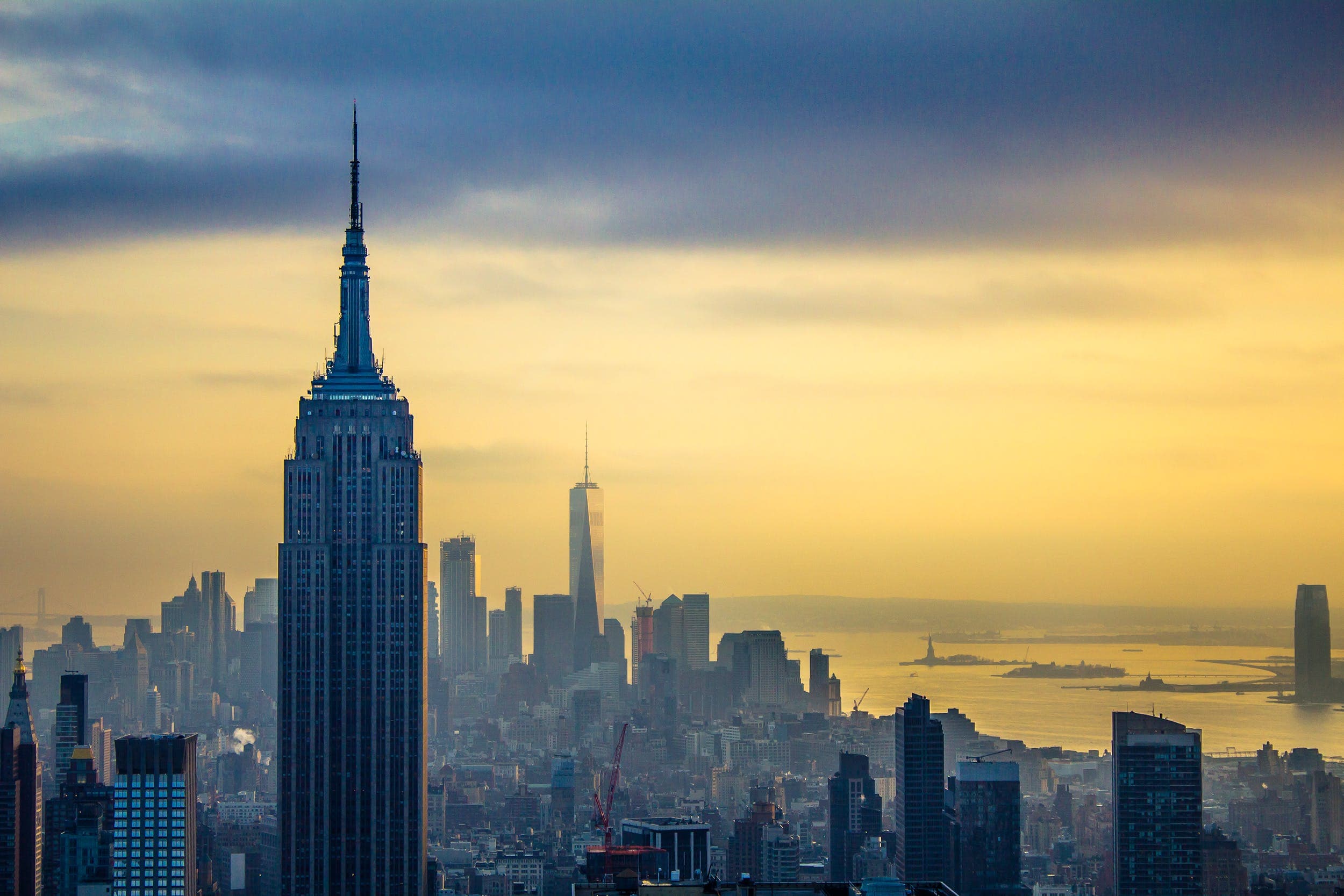The Manhattan skyline highlighted by light and dark tones.