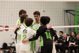 Connor Finnie, Jeff Commerford, Gavin Hessell, Malcom Spence and Matin Janega huddled after a play