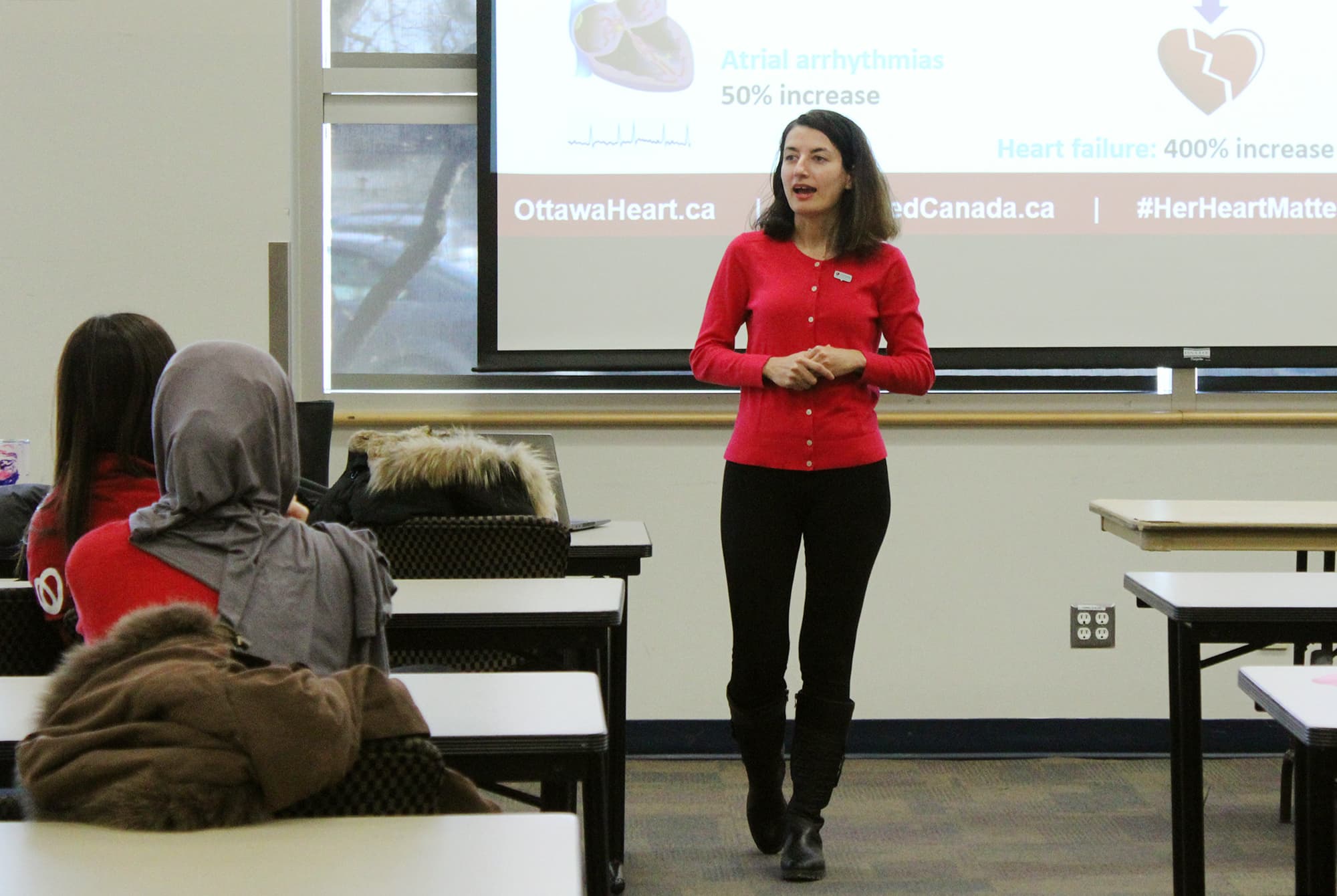 Nazil Parast discusses with Level 2 cardiovascular technology students how heart disease presents differently in women.