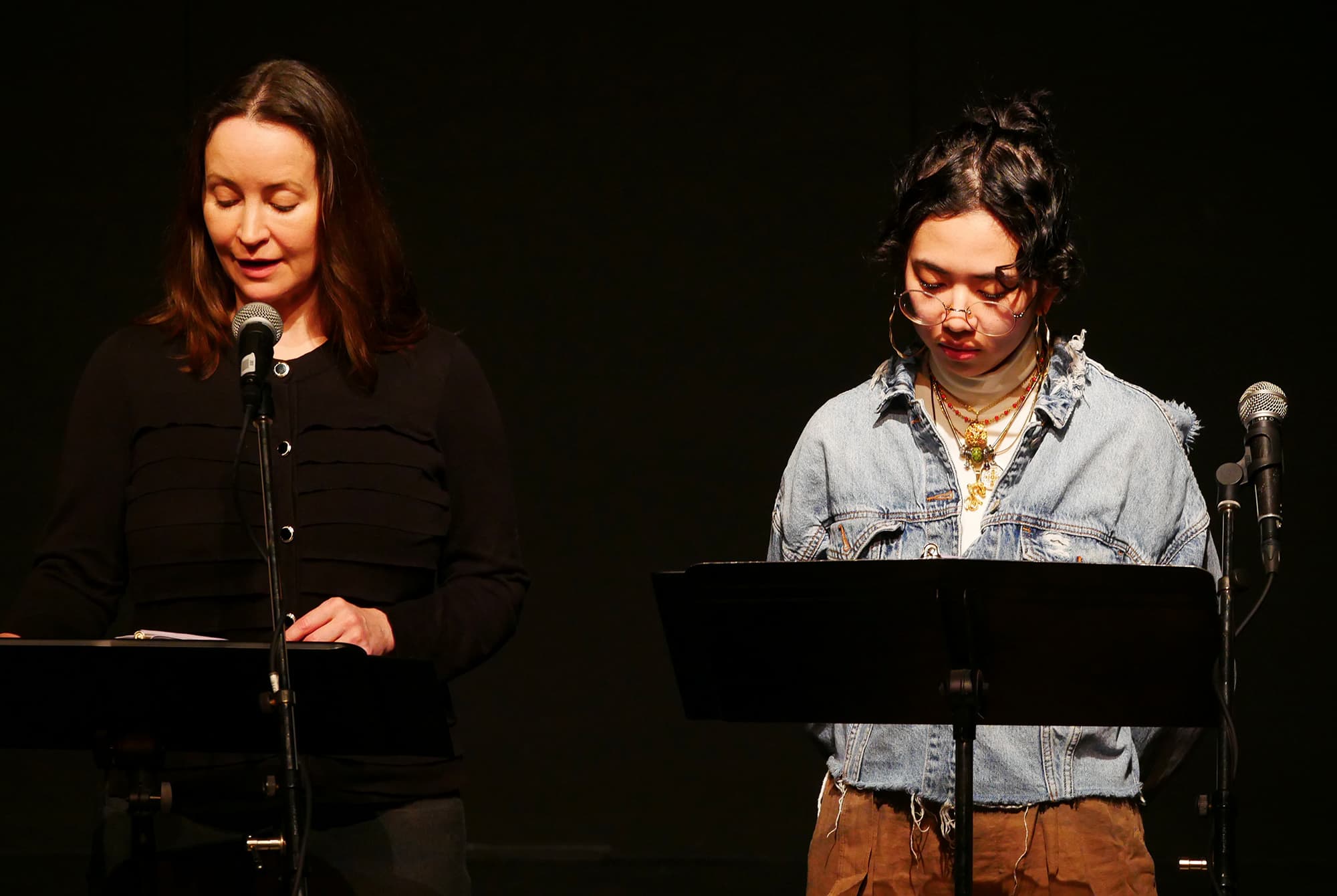 Michelle LeBlanc, a grad from the performing arts program (left) and Bernice Romero De Gracia, a grad from De La Salle University (right) on stage performing one of the 11 plays.