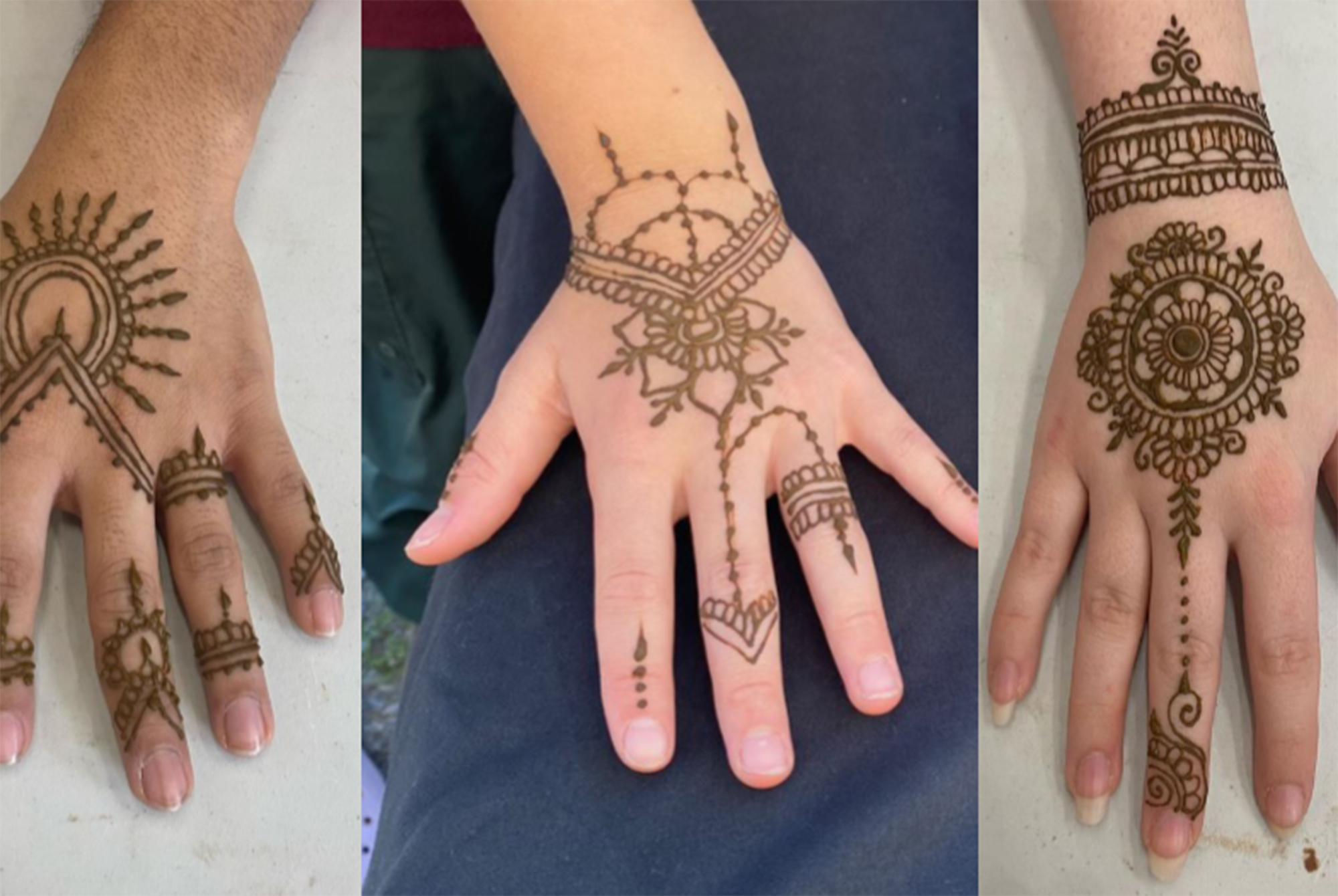 Three different designs of henna done by Shelina Syed.
