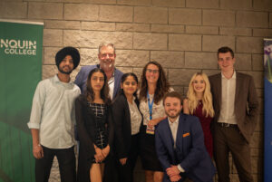 The student organizers: Harjinder Singh, Shristi, Amita Jethi, Dawson Richards, Sophia Wokdak, and Nathan Draaistra (left to right) with Ingrid Gingras (centre) from the Royal, and Bradley Moseley-Williams, professor in public relations.