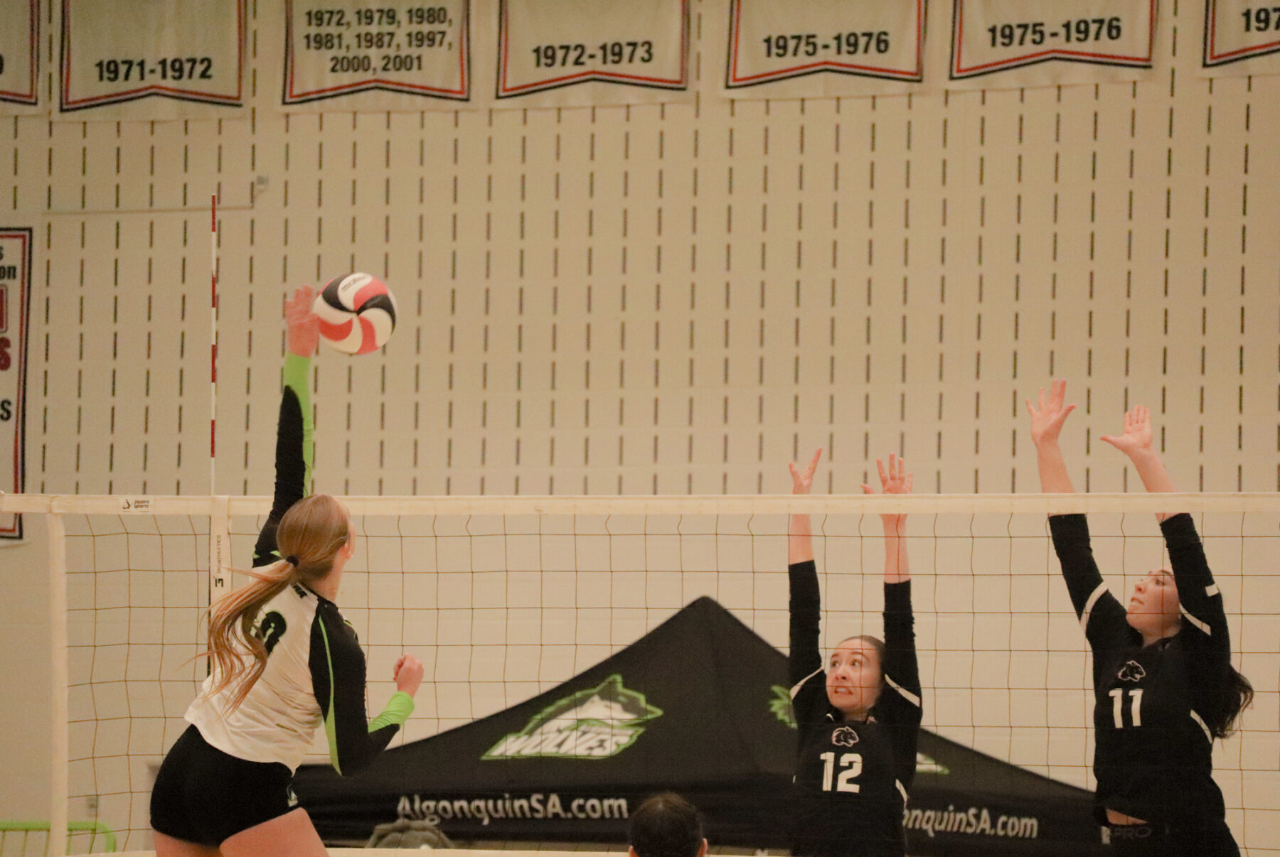 Wolves outside hitter Carys Tenthorey hits a spike against the Canadore Panthers at the Jack Doyle Athletics and Recreation Centre on Jan. 10.