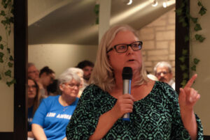 Kim Leavy spoke to the event's attendees and applauded the students' work raising money for the Dave Smith Youth Treatment Centre.