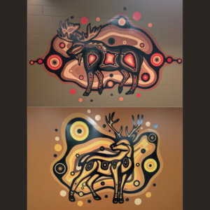 Top: Monz(moose) mural, pathway between E-building and D-building.
Bottom: Wawaskeshi(deer) mural, pathway from C to CA building, second floor