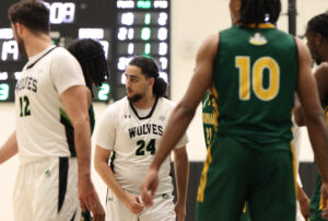 Farouk Meguader during game against the Durham Lords on Oct. 31 at the Jack Doyle Athletic and Recreation Centre, wearing the Wolves’ white jersey.