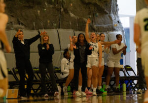 Algonquin Wolves women's basketball team's bench celebrates a big shot by #22 Taryn Mitchell, Nov. 23, against the Centennial Colts
