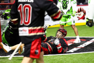 Sam Firth on ground after a dunk attempt