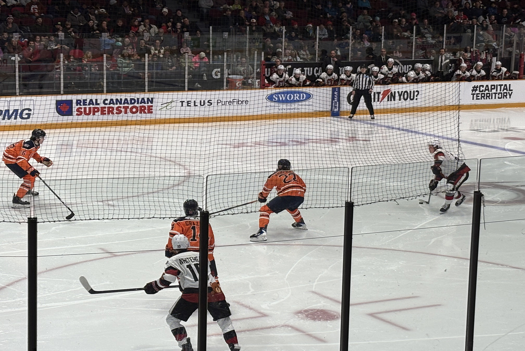 67's defenceman Connor Bewick shooting a shot, which led to the Nic Whitehead goal in The Arena at TD Place on Dec. 7