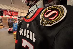 Brady Tkachuk Jersey Number and Nameplate, at Valiquette's Source For Sports facing Pro Shop