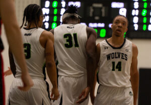 Algonquin Wolves guard Frank Thomas looks up during a stoppage in play against Seneca on Nov. 28 at the Jack Doyle Athletics and Recreation Centre.