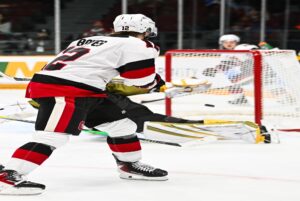 Spencer Bowes stays patient as he ties the game , 1-1 against the North Bay Battalion