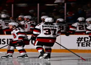 Thomas Vandenberg scores power play goal against North Bay Batallion on November 30, 2025 at TD Place.