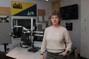 Broadcasting, radio and podcasting program coordinator Jessica Brando in the CKDJ studio.