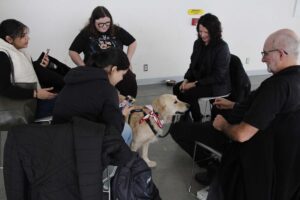 Students talking to a therapy dog handler.