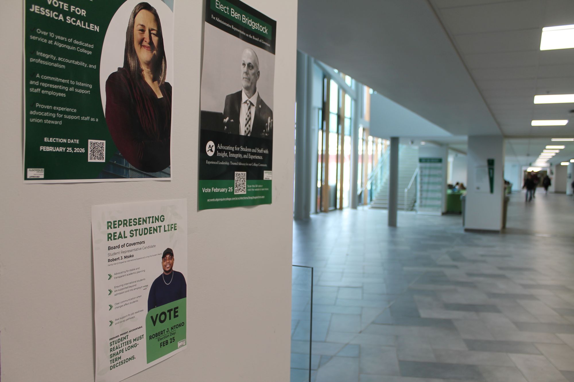Algonquin College halls are covered in posters for the 2026 Board of Governors internal election candidates.