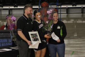 Senior Wolves Guard Leah Hirst recieves tribute at the Jack Doyle Recreation and Athletic Centre. Feb. 14