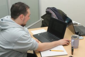 Keith Shupka studies hard for his upcoming midterm - to be taken in a CAL exam room.