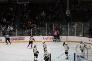 Filip Ekberg scores opening goal at TD Place on March 27, 2026 during Game One of Round One series and celebrates with teammates