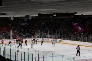 Kingston's Alex McLean celebrates opening goal with teammates at TD Place on March 29, 2026 during Game Two of Round One Series