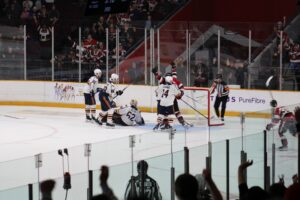 67's forwards Sam McCue and Nic Sima celebrate Ottawa's first goal during R2G4 at TD Place on April 16, 2026.